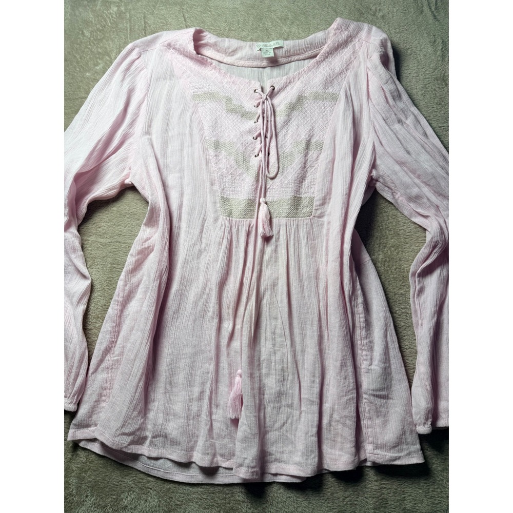 Khakis & Co  Cotton Gauze Lace Up Tassel Embroidered Tunic Blouse XL Cottage